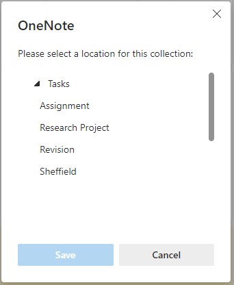 Choosing a notebook section when exporting a Collection to OneNote