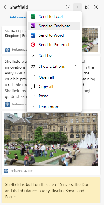 Send to OneNote option in Collections triple-dot menu
