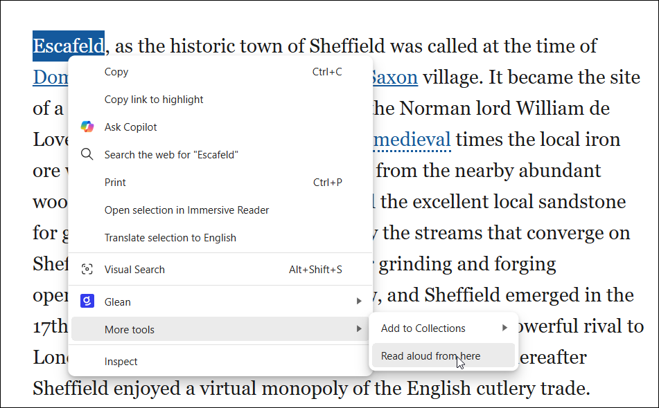 image showing how to select the read aloud from here option