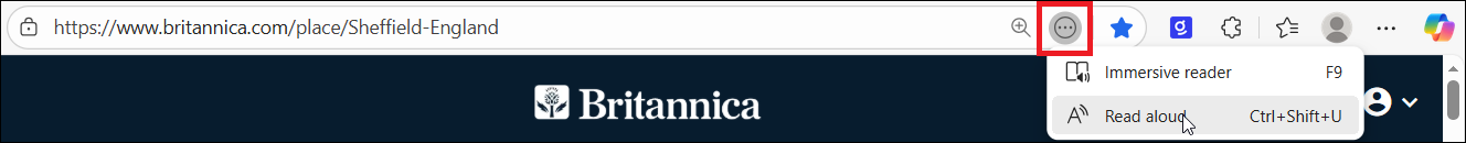 image showing the more tools and read aloud option in the Edge address bar