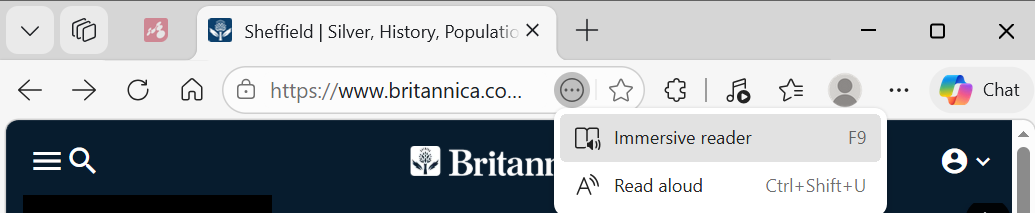 Edge address bar with 'more options' button pressed, to reveal 'Immersive Reader' and 'Read Aloud' options.