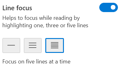 Line Focus buttons in Reading Preferences menu, Immersive Reader, Edge
