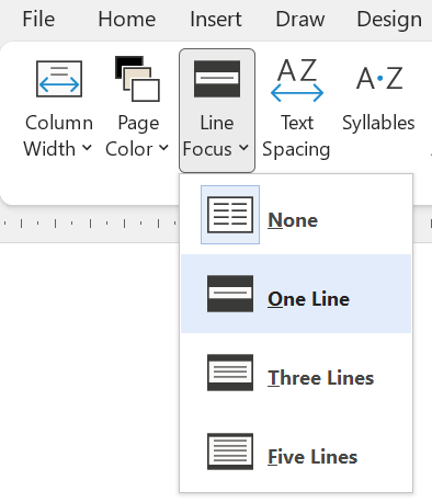 Line Focus menu in Immersive Reader, Word