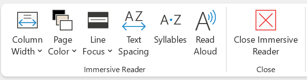 Immersive Reader ribbon, Microsoft Word