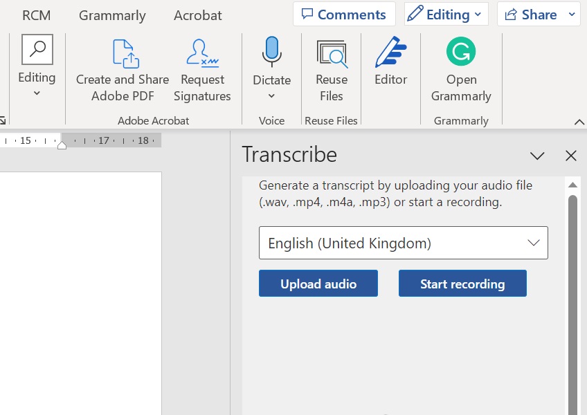 screenshot of transcribe options in pop out panel 