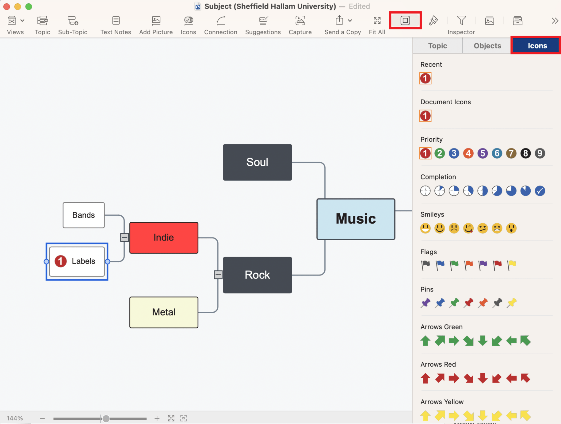 image showing the icon panel in the document inspector menu