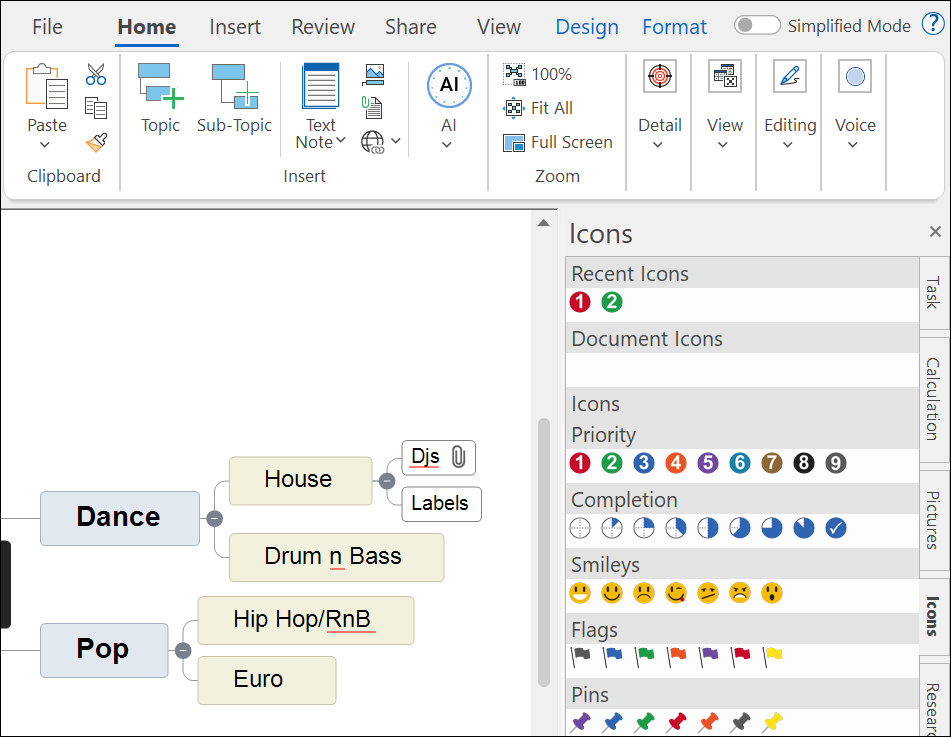 MindView interface with the icon sidebar displayed on the right. The icons tab is highlighted with a red box.