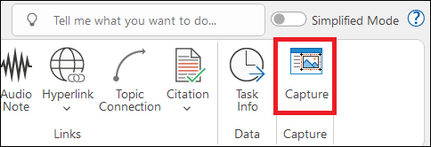 MindView toolbar with the capture option on the right side highlighted with a red box