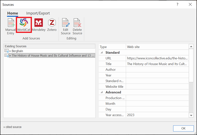 The MindView source dialog with the add new option highlighted with red square