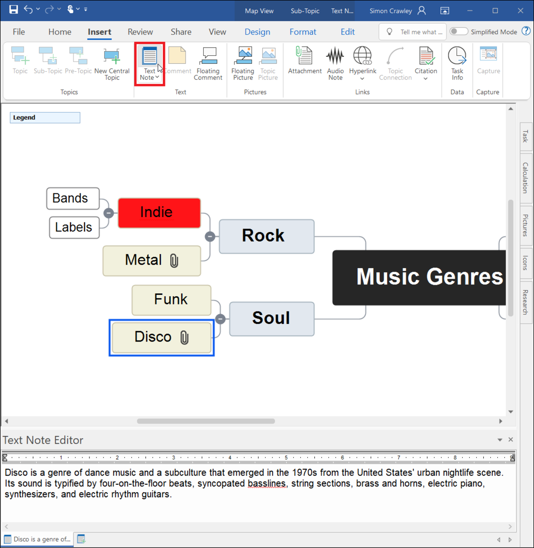 MindView interface with the text note option in the toolbar highlighted with a red box and the text note editor open at the bottom of the page