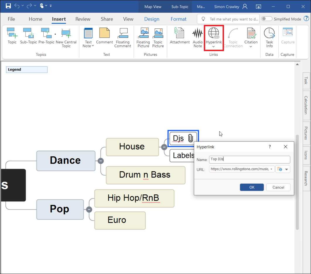 MindView interface with the insert hyperlink dialogue displaying 