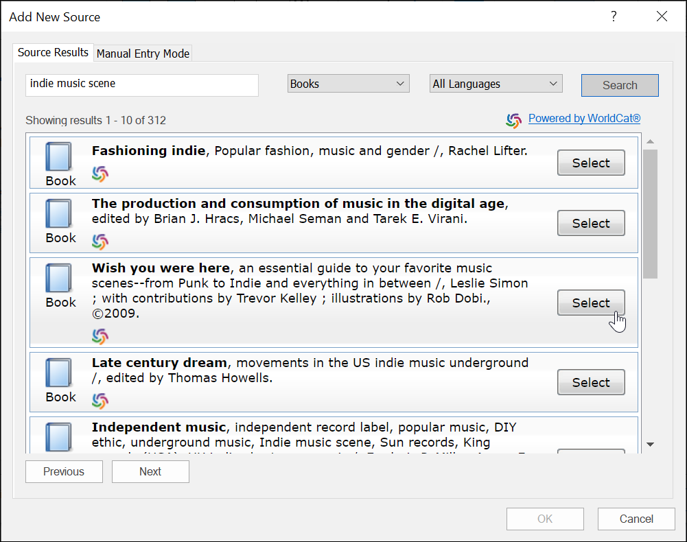 Add new source dialog in MindView with all the sources from the search 'indie music scene' being shown 