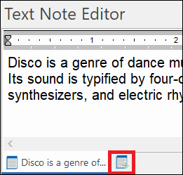 A zoomed in picture of the text note editor in MindView with the  new text note icon highlight with a red box