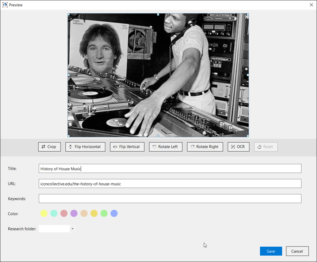 The preview dialogue in MindView previewing an image capture. The title and URL fields populated.