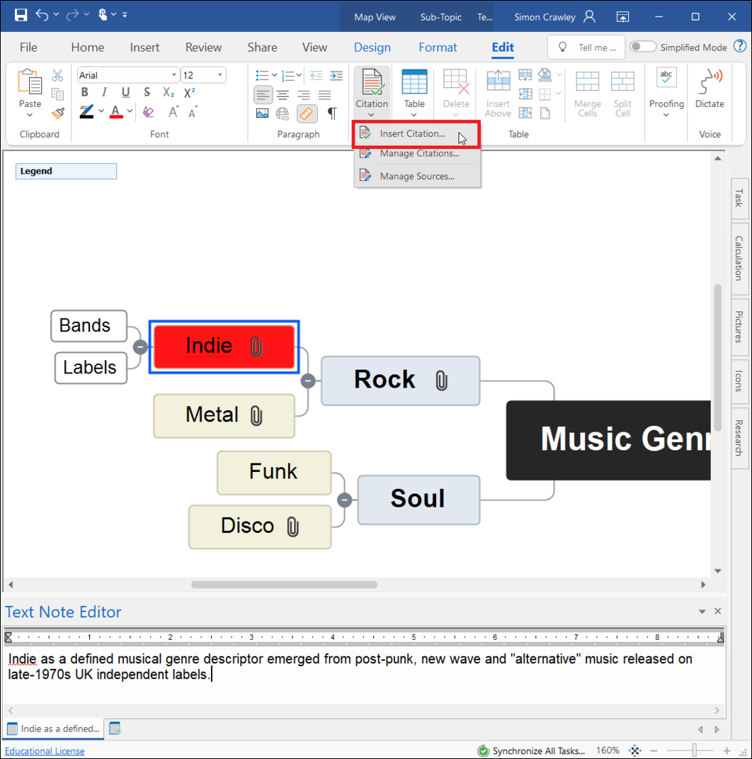 Citation option in the MindView toolbar expanded and the options insert citations, manage citations and manage sources highlighted with a red box