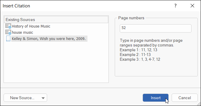 Insert citation dialogue in MindView with the existing sources listed and the bottom option selected