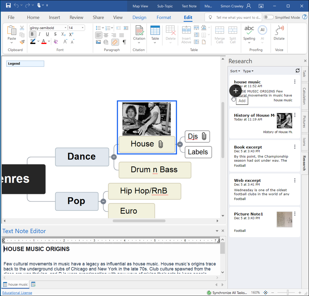 MindView interface with the text note editor displayed at the bottom of the page with the captured text