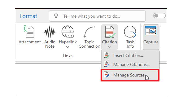 MindView toolbar with the citation option expanded and the manage sources option highlighted
