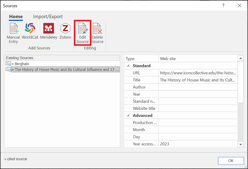 MindView sources dialogue with the existing sources listed. The edit option is highlighted with a red box