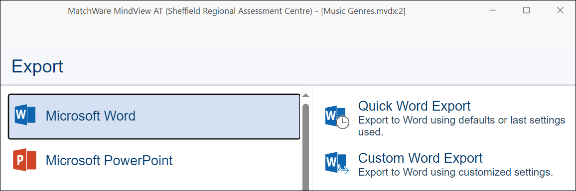 Expanded export option in MindView with the options Microsoft work and custom word export highlighted with red boxes