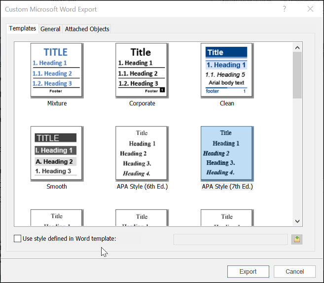 Custom Microsoft Word export dialog with a series of  template options advertised