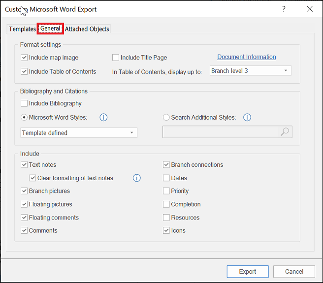 Custom Microsoft Word export dialog with the general tab selected and options from your mindmap that you can include in your export