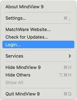 Top-level Mindview menu on Apple Mac