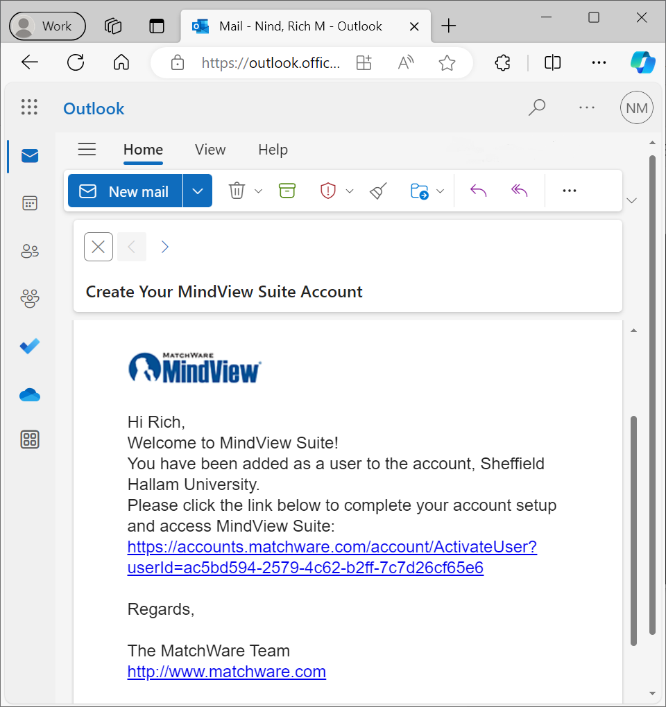 Screenshot of Mindview invite email
