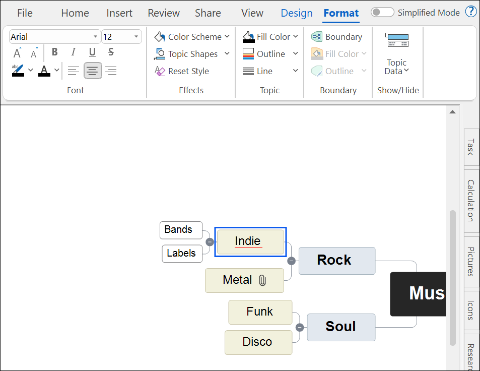 MindView interface with the format tab open