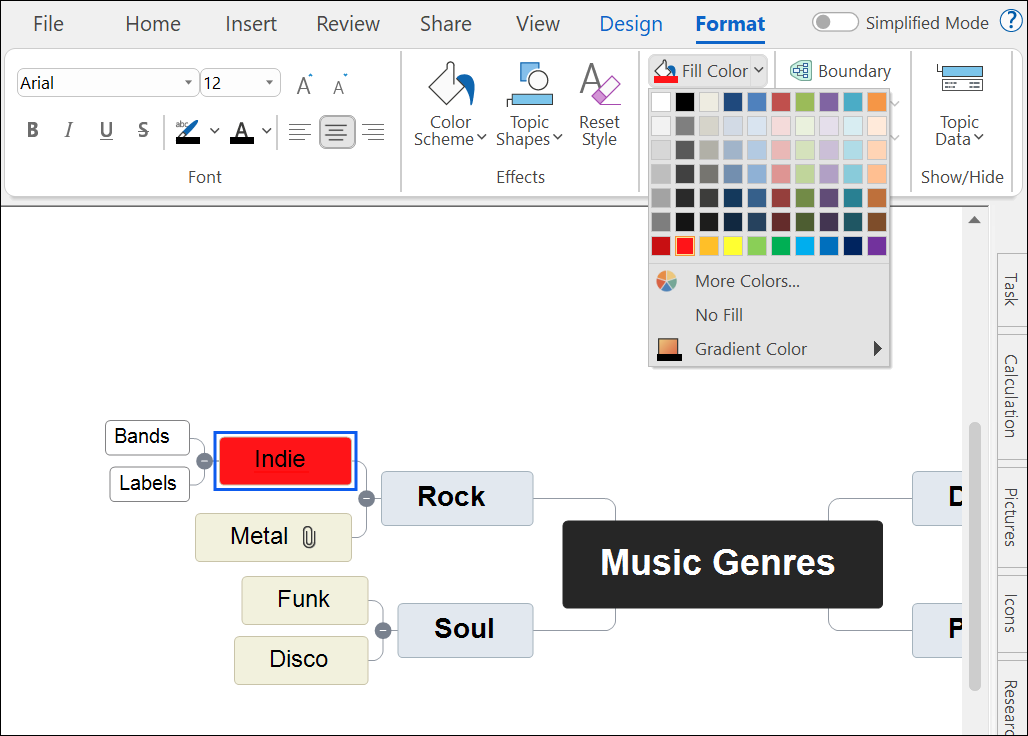 MindView interface with the fill colour option under format expanded so the colours are displayed