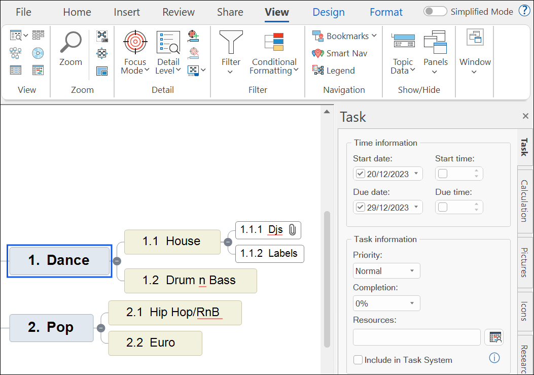 MindView interface with the task/timeline tab expanded and some dates filled in for a branch.