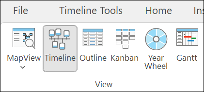 MindView toolbar with the timeline option selected via mouse hover