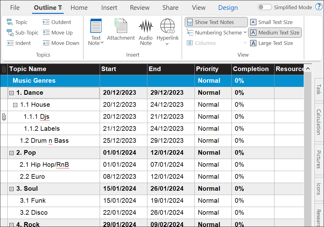 An in depth tabular view of the tasks in a mindmap. The table includes the branch name, start date, end date, priority, percentage completion, resources and attachments for each of the tasks