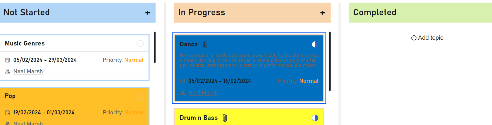 the kanban view showing tasks that are either not started, in progress or completed