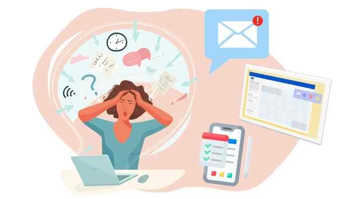 cartoon image of a confused woman with various study related icons around her head