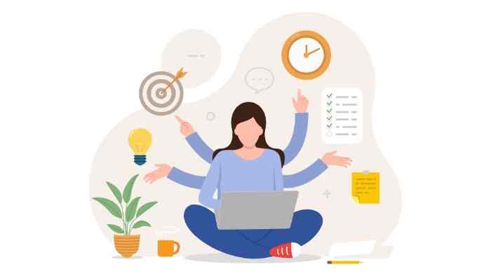 cartoon image of a women multitasking with several arms working on different tasks