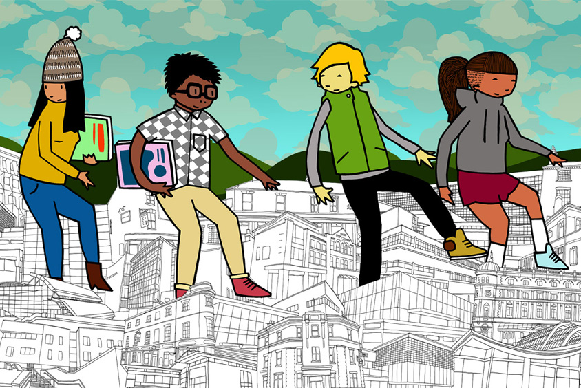 Students walking across Sheffield city scape by local artist Kid Acne 