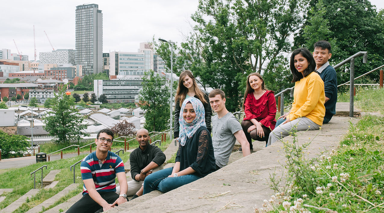 Several international students sat on a hill overlooking Sheffield city centre