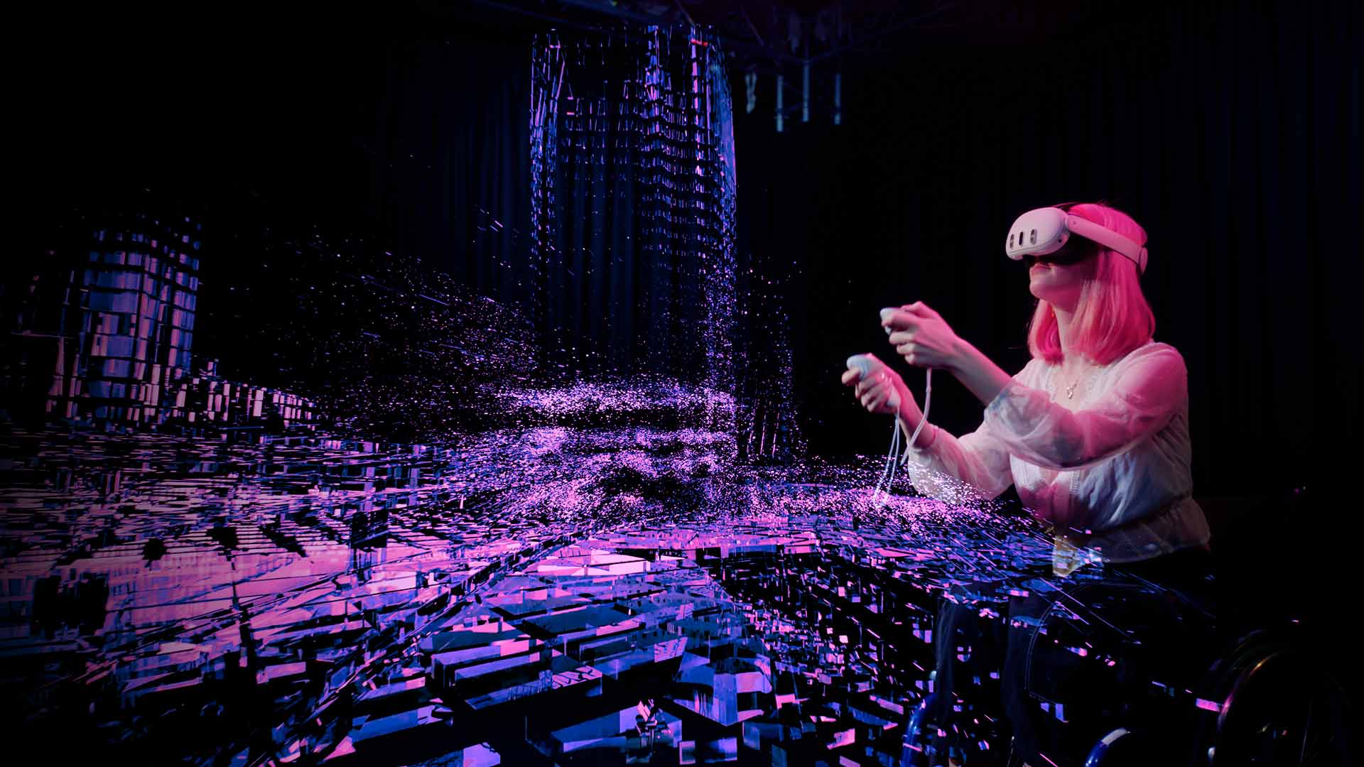 A student views a bright cityscape using a virtual reality headset