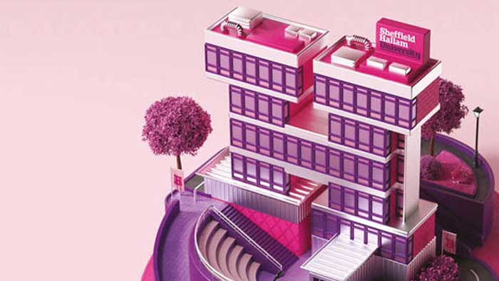 A model of a capital H, designed to look like Sheffield Hallam's Owen Building. There are little purple widows on the front, and a university logo on the roof. In front of the H is a set of curved steps, like those on Hallam Square.
