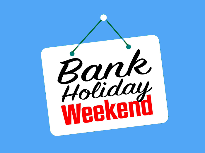 Bank Holiday Weekend hanging sign on blue background
