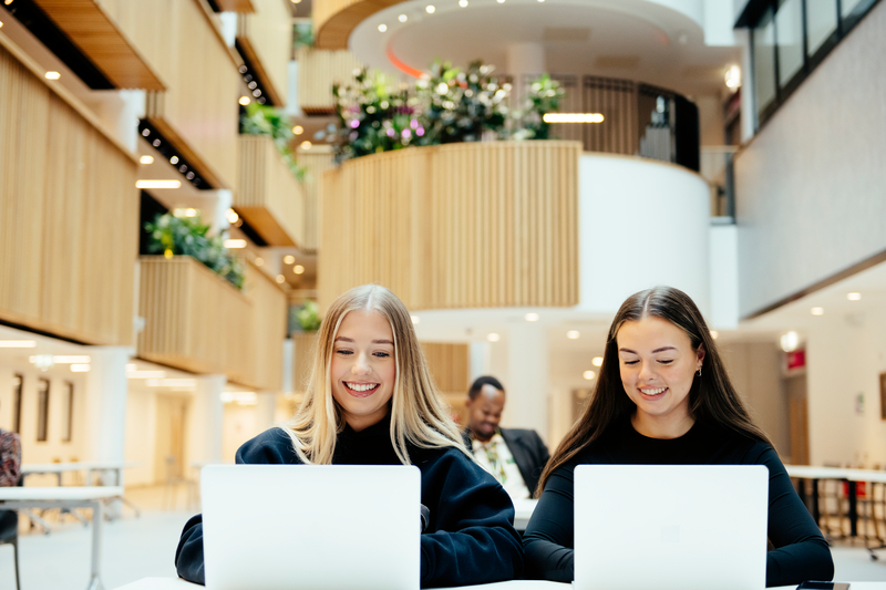 Two female students working on their laptops