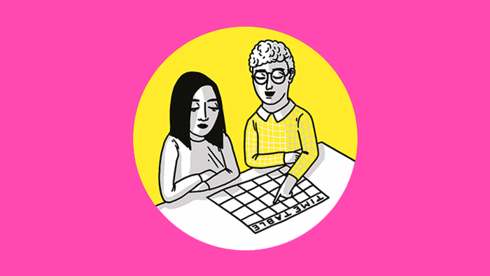 An illustration of two students looking at a calendar