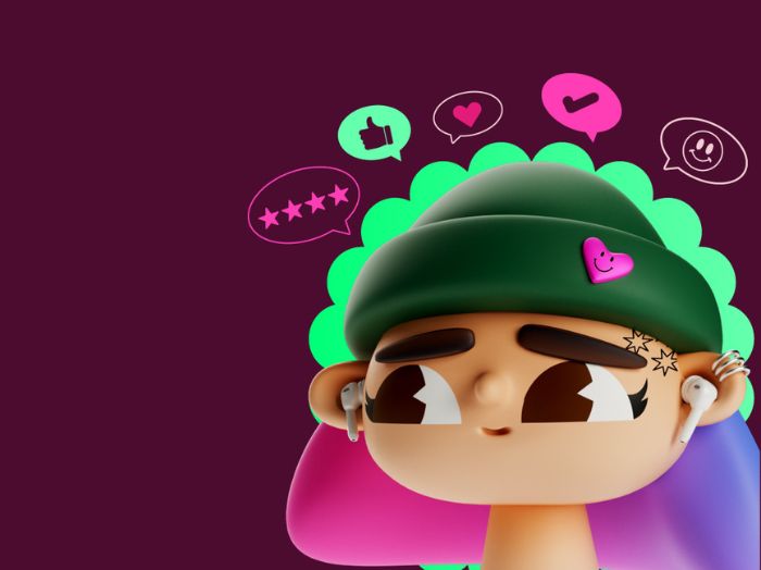 An animated face of a student with ear pods, a hat and emojis around the hat. 