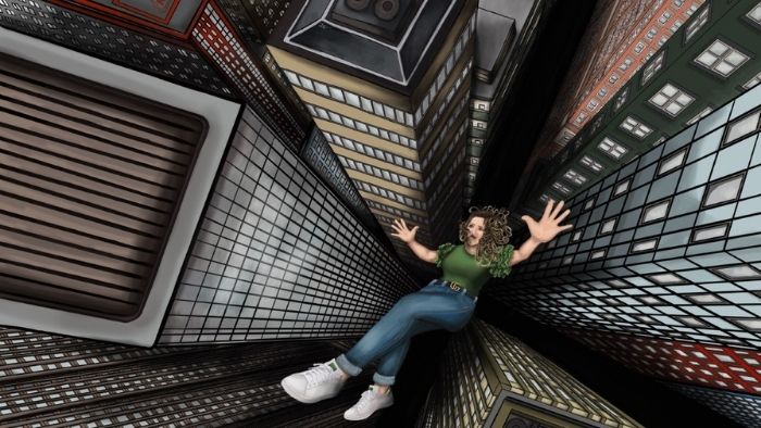 digital drawing of a girl falling from a skyscraper