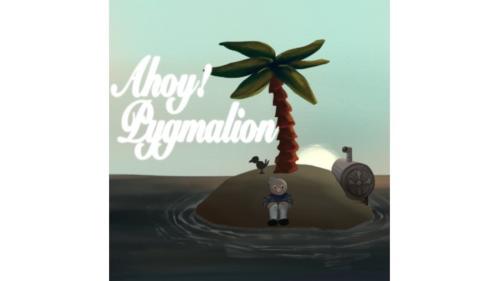 An illustrated image for the animated short Ahoy! Pygmalion. A sailor sits on a small island with a palm tree. 