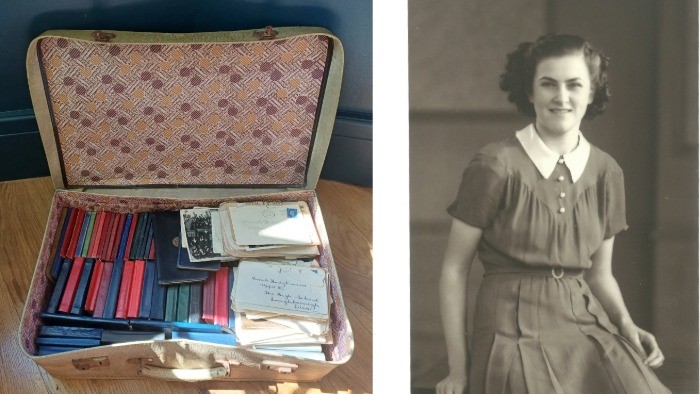Left: a suitcase full of diaries. Right: Alison's great aunt Norah 