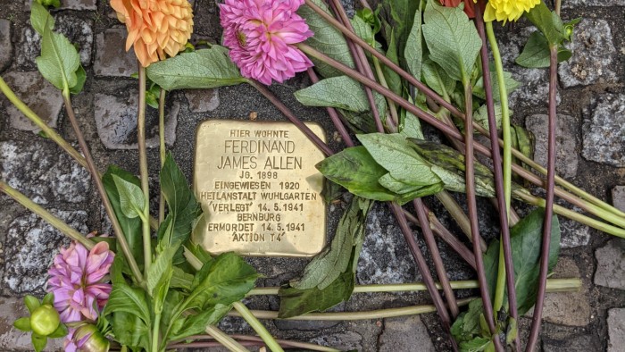 A "stumbling block" memorial to Ferdinand James Allen, a Berlin-born Black man who was murdered as part of the Nazis' Euthanasia campaign.