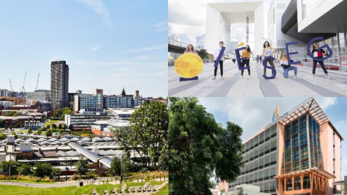 A collage of three images showing the three separate university campuses involved in the European Business Bachelor - Sheffield Hallam University, IESEG School of Management and IQS School of Management.