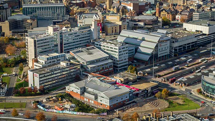 Drone view of a sheffield hallam building